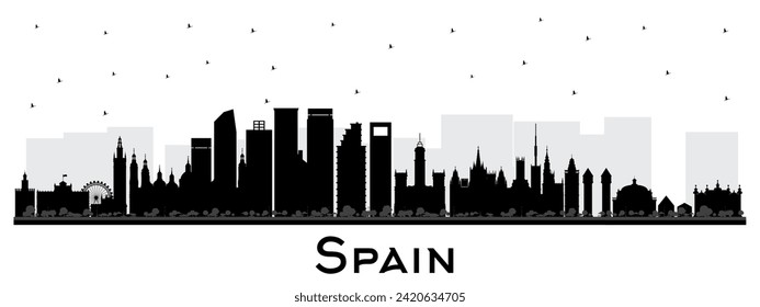 Silhouette de perfil urbano de España con edificios negros aislados en blanco. Ilustración vectorial. Arquitectura moderna e histórica. El paisaje urbano de España con monumentos. Madrid. Barcelona. Valencia. Sevilla.