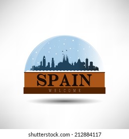  Spain, city skyline silhouette in snow globe. Vector design.