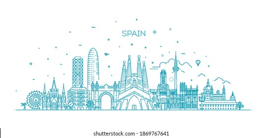 Spain cityscape, spanish travel city vector banner. Urban silhouette