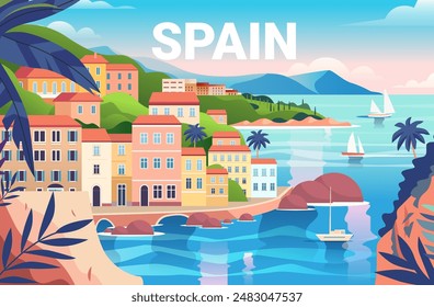 Spain coastal town colorful buildings sailboats palm trees mountains ocean scenic travel landscape