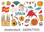 Spain colorful doodles, cartoon elements collection for stickers, prints, planners, signs, cards, emblems, etc. EPS 10