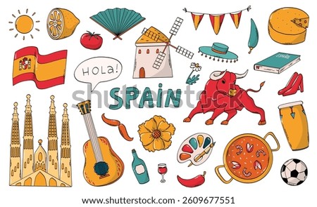 Spain colorful doodles, cartoon elements collection for stickers, prints, planners, signs, cards, emblems, etc. EPS 10