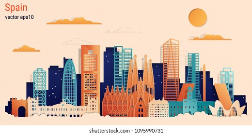 Spain colorful paper cut style, vector stock illustration. Cityscape with all famous buildings. Spain skyline composition for design 