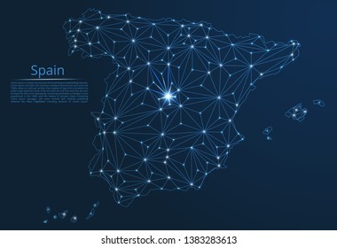 Spain communication network map. Vector low poly image of a global map with lights in the form of cities in or population density consisting of points and shapes in the form of stars and space.