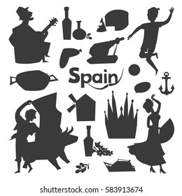 Spain contour elements. Gray/black and white color hand drawn illustration. Travel element of Spain. Cartoon abstract banner, square composition. Flat style, isolated on white background

