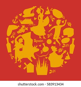 Spain contour elements. Objects attractions in the circle composition. Travel element in the the colors of the Spanish flag: red and yellow color. Flat style abstract landmark
