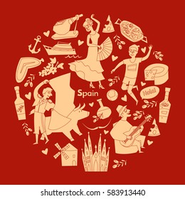 Spain contour elements. Objects attractions, round composition. Travel element in the the colors of the Spanish flag: red and yellow color. Flat style landmark