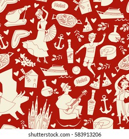 Spain contour elements, vector seamless pattern. Hand drawn illustration. Travel element of Spain. Red background color. Cartoon abstract style