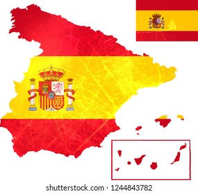  Spain contour flag colors map with cracks and scrapes. Vector illustration