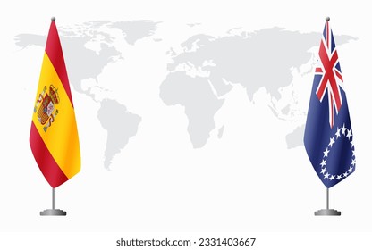 Spain and Cook Islands flags for official meeting against background of world map.