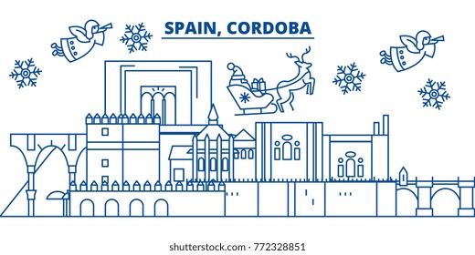 Spain, Cordoba winter city skyline. Merry Christmas, Happy New Year decorated banner with Santa Claus.Winter greeting line card.Flat, outline vector.Linear christmas snow illustration
