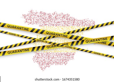 Spain Coronavirus quarantine concept. Covid-19, MERS-Cov. Yellow and black stripes with map in national flag colors. Vector.