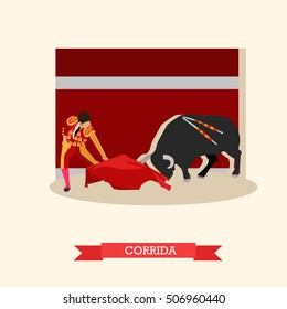 Spain Corrida concept vector illustration. Bull and a matador.