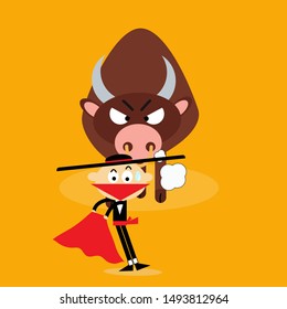 Spain Corrida Flat Funny Character Scared Of The Bull. Comic Matador Bullfighting Situation. Cartoon Vector Illustration Style.