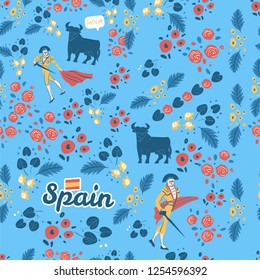 Spain and corrida inspired flat hand drawn seamless color pattern. Cartoon texture with matador, bull, flowers, leaves. Sketch wrapping paper, textile, background vector