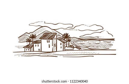 Spain countrisyde landscape with mountains white vector illustration