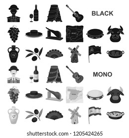 Spain country black icons in set collection for design.Travel and attractions vector symbol stock web illustration.