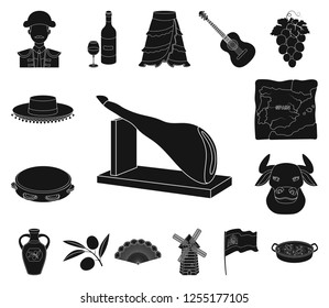 Spain country black icons in set collection for design.Travel and attractions vector symbol stock web illustration.