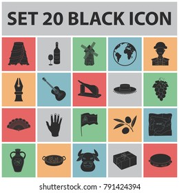 Spain country black icons in set collection for design.Travel and attractions vector symbol stock web illustration.