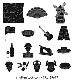 Spain country black icons in set collection for design.Travel and attractions vector symbol stock web illustration.
