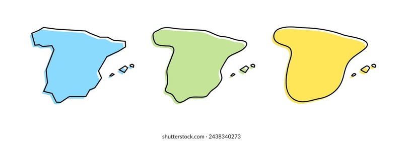 Spain country black outline and colored country silhouettes in three different levels of smoothness. Simplified maps. Vector icons isolated on white background.