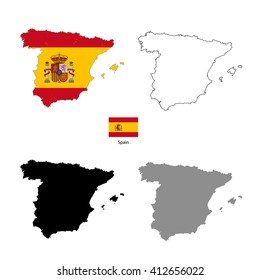 Spain country black silhouette and with flag on background, isolated on white