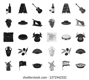 Spain country black.mono icons in set collection for design.Travel and attractions vector symbol stock web illustration.