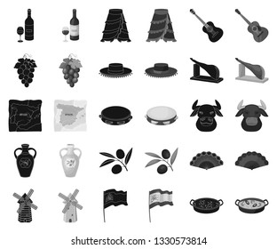 Spain country black,monochrome icons in set collection for design.Travel and attractions vector symbol stock web illustration.