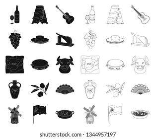 Spain country black,outline icons in set collection for design.Travel and attractions vector symbol stock web illustration.