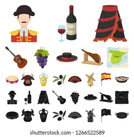 Spain country cartoon, black icons in set collection for design.Travel and attractions vector symbol stock web illustration.