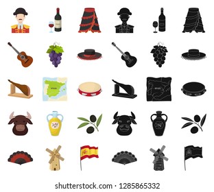 Spain country cartoon,black icons in set collection for design.Travel and attractions vector symbol stock web illustration.