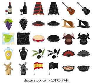 Spain country cartoon,black icons in set collection for design.Travel and attractions vector symbol stock web illustration.