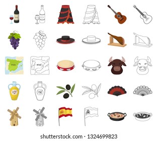 Spain country cartoon,outline icons in set collection for design.Travel and attractions vector symbol stock web illustration.