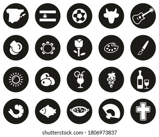 Spain Country & Culture Icons White On Black Flat Design Circle Set Big