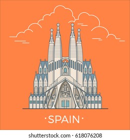 Spain country design template. Linear Flat famous historic sight; cartoon style web site vector illustration. World travel and showplace in Europe, European vacation collection. 