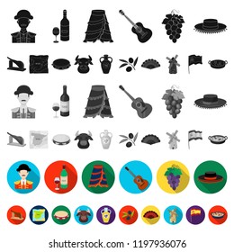 Spain country flat icons in set collection for design.Travel and attractions vector symbol stock web illustration.