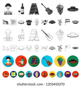 Spain country flat icons in set collection for design.Travel and attractions vector symbol stock web illustration.