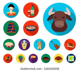 Spain country flat icons in set collection for design.Travel and attractions vector symbol stock web illustration.