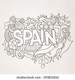 Spain country hand lettering and doodles elements and symbols background. Vector hand drawn sketchy illustration