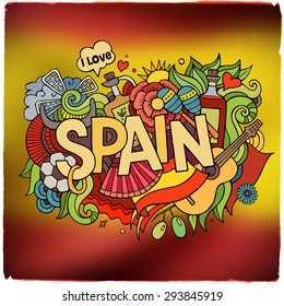 Spain country hand lettering and doodles elements and symbols emblem. Vector blurred flag background