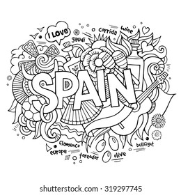 Spain country hand lettering and doodles elements and symbols background. Vector hand drawn sketchy illustration