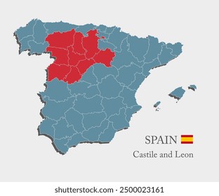 Spain country - high detailed illustration map divided on regions. Blank Azerbaijan map isolated on background. Vector template Castile and Lion region for website, pattern, infographic, education