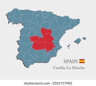 Spain country - high detailed illustration map divided on regions. Blank Castilla-La Mancha map isolated on background. Vector template Castile and Lion region website, pattern, infographic, education