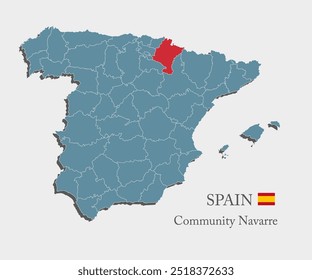 Espanha país - mapa de ilustração detalhado elevado dividido em regiões. Mapa em branco isolado no plano de fundo. Vetor template Espanha comunidade Navarra website, padrão, infográfico, educação