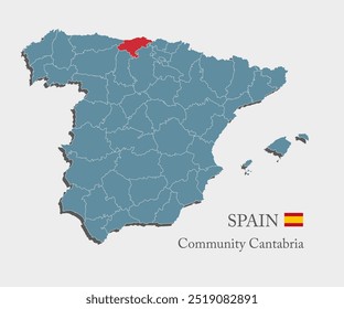 Espanha país - mapa de ilustração detalhado elevado dividido em regiões. Mapa em branco isolado no plano de fundo. Vetor template Espanha comunidade Cantabria website, padrão, infográfico, educação