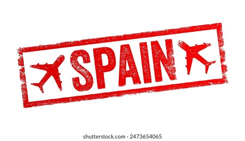 Spain - is a country located in Southwestern Europe, with parts of its territory in the Atlantic Ocean, the Mediterranean Sea and Africa, text emblem stamp with airplane