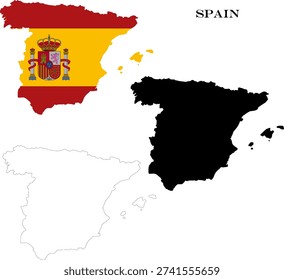 Spain Country Maps Bundle with National Flag, Black Silhouette and Detailed Outline Contours