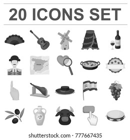Spain country monochrome icons in set collection for design.Travel and attractions vector symbol stock web illustration.