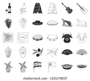 Spain country monochrome,outline icons in set collection for design.Travel and attractions vector symbol stock web illustration.