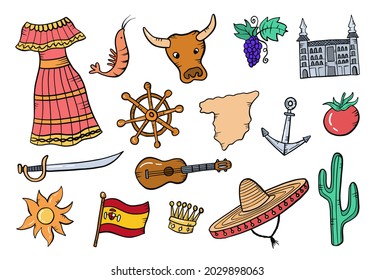 spain country nation doodle hand drawn set collections with flat outline style